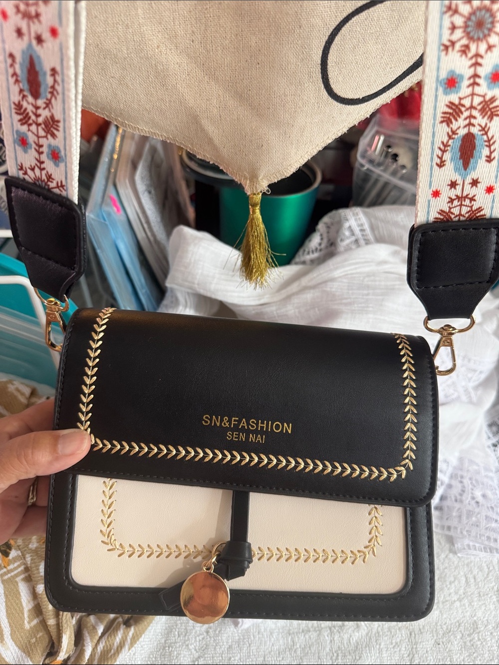 Two-Tone Black and Cream Crossbody Bag with Embroidered Strap - Picture 2 of 8